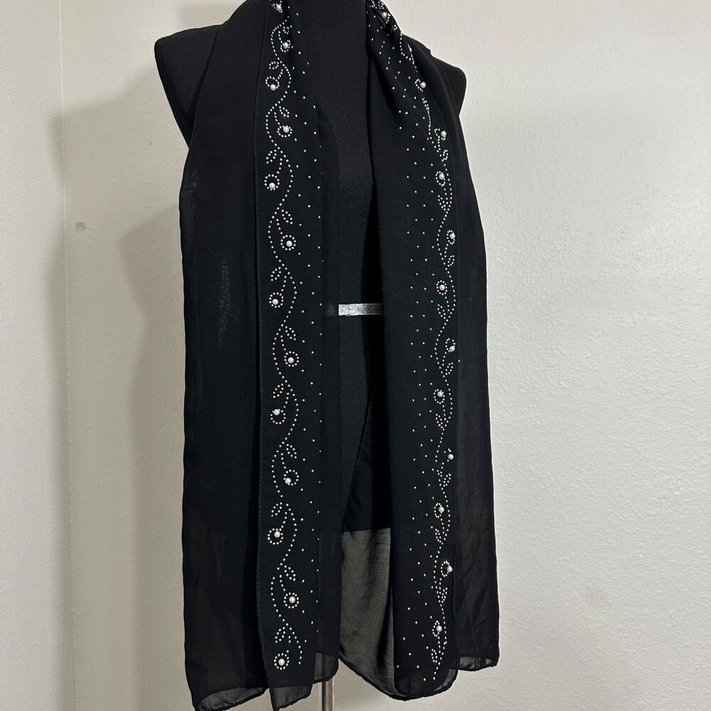 Jessica McClintock Black Sheer Chiffon Shawl Wrap Rhinestone Pearl Accent Vintag - Picture 2 of 6